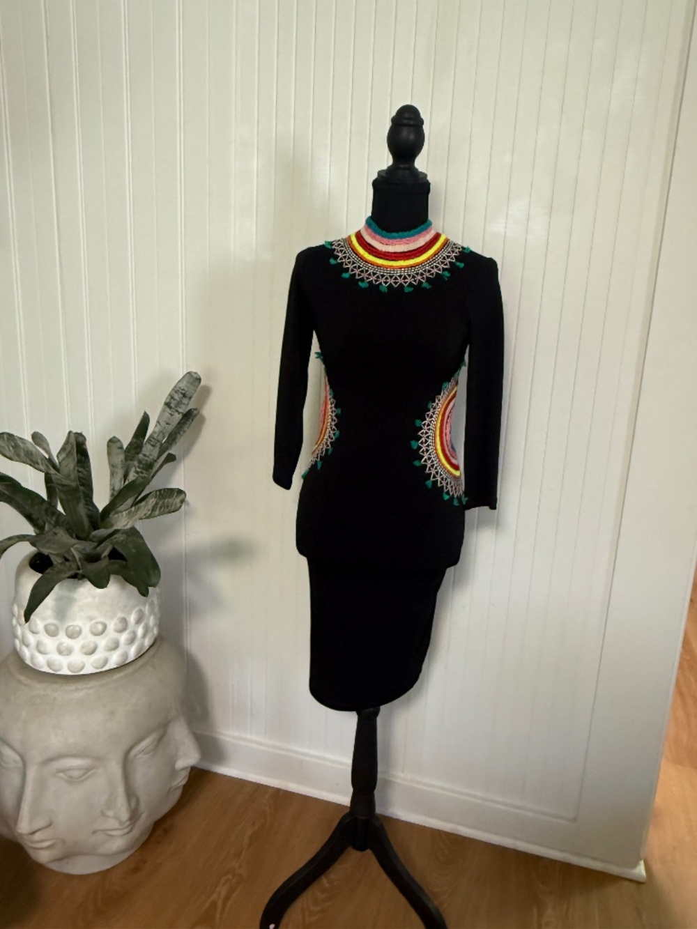 Alice + Olivia Black Cutout Midi Dress w/ Rainbow Embroidered Trim XS